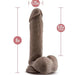 The Au Naturel Long 8 Inch Dual Density Dark Tone Suction Cup Dildo with Balls features lifelike textures, 6.25 inches insertable length, and 1.75-inch diameter—ideal for realism, solo play, or use with a strap-on harness.