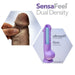 A hand presses into the Au Naturel Long 8 Inch Dual Density Dark Tone Suction Cup Dildo with Balls, showing its ultrasoft outer layer and firm core. A cross-section diagram highlights its SensaFeel dual density design.