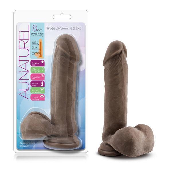 The Au Naturel Long 8 Inch Dual Density Dark Tone Suction Cup Dildo with Balls features a lifelike veined texture, detailed head, and firm testicle base—ideal for those desiring realism and reliable suction in their pleasure products.