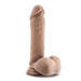 The Au Naturel Long 8 Inch Dual Density Medium Tone Suction Cup Dildo with Balls features lifelike texture, attached testicles, and a flat base that's both strap-on compatible and works as a sturdy suction cup. Displayed upright against a plain white background.