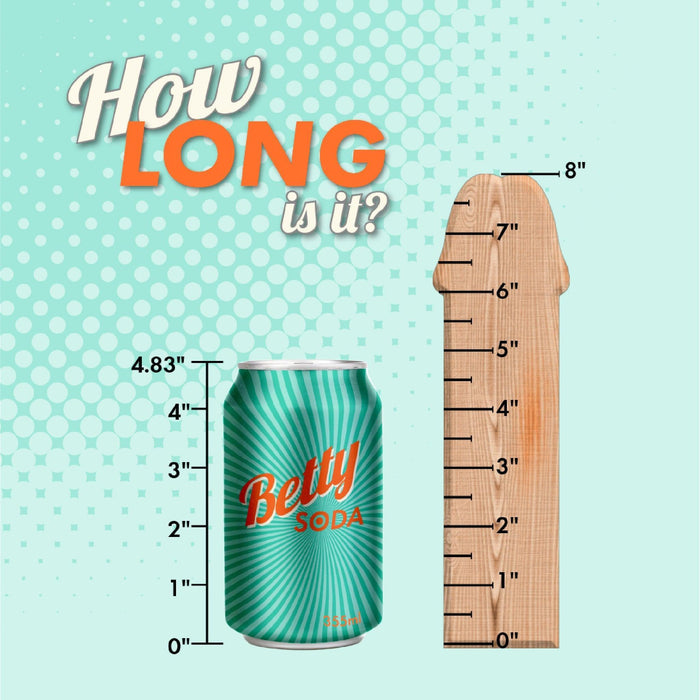 A teal "Betty Soda" can (4.83” tall) stands by the Au Naturel Long 8 Inch Dual Density Medium Tone Suction Cup Dildo with Balls, shaped like a ruler marked 1–8 inches. Text above asks, “How long is it?”.