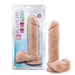 The Au Naturel Long 9.5 Inch Dual Density Light Tone Suction Cup Dildo, made from body-safe materials, stands upright beside its box featuring detailed product information.