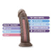 The Au Naturel Thick 8 Inch Realistic Feel Dual Density Dark Tone Suction Cup Dildo is shown featuring a soft outer layer, firm inner core, flexible shaft, harness compatibility, body-safe material, fragrance and latex-free formula.