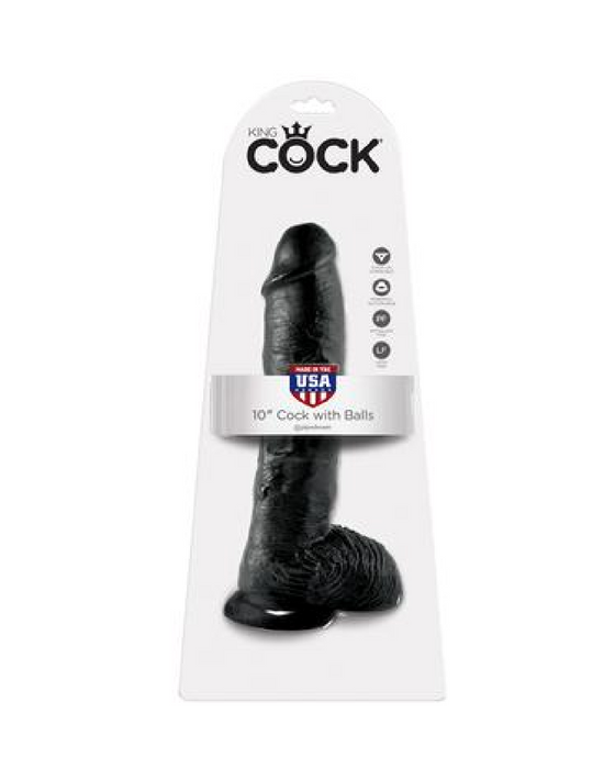 King Cock 10 Inch Suction Cup Dildo with Balls - Black