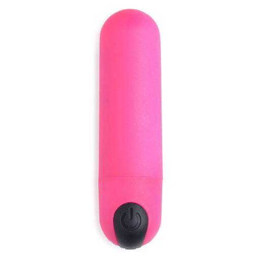 The BANG! Vibrating Bullet with Remote Control is a compact, smooth, pink vibrator featuring a black power button on one end, pictured against a white background.