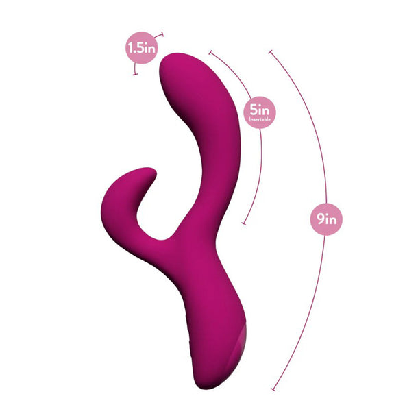 The Quinn Warming G-Spot Rabbit Vibrator, shown on a white background, is a pink dual-ended vibe made of body-safe silicone with a 1.5" smaller end, 5" insertable larger end, and total length of 9 inches.