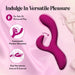 The Quinn Warming G-Spot Rabbit Vibrator, made from body-safe silicone, rests on satin fabric. Icons show it's ideal for solo or partnered play, offers precise customizable stimulation, and delivers dual internal and external pleasure.
