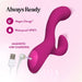 The Quinn Warming G-Spot Rabbit Vibrator, a pink, curved toy with a smaller extension, is made from body-safe silicone and offers waterproof design and magnetic USB charging. It’s shown with its charging cable on a light pink background.