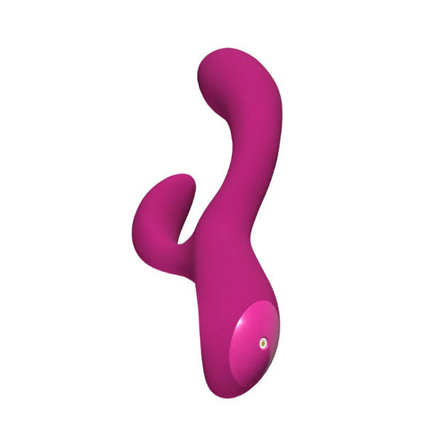 The Quinn Warming G-Spot Rabbit Vibrator is a pink silicone toy with a curved design and two prongs for dual internal and external stimulation, shown on a white background.