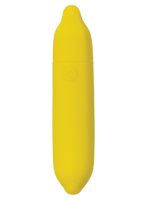 A vibrant yellow, handheld Banana Emojibator Vibrator with a smooth, elongated silhouette and a power button at the center, set against a plain white background. From Dame Products.