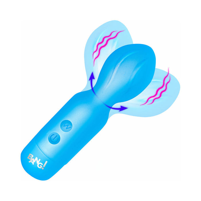The Bang Flexible Beginner Mini Wand Vibrator is a blue compact vibrator with a textured head, two flexible wing-like extensions for clitoral stimulation, vibration symbols, dual control buttons, and "BANG!" on the handle.