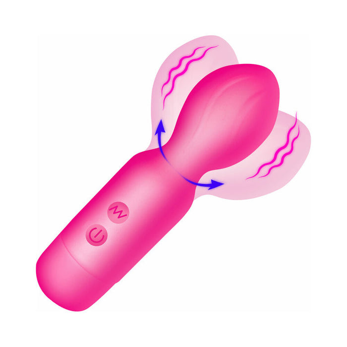 The Bang Flexible Beginner Mini Wand Vibrator is a pink compact massager with petal-shaped extensions and a textured head for enhanced clitoral stimulation. Two handle buttons control its features, while blue arrows highlight the movement of the extensions.