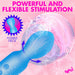 A blue Bang Flexible Beginner Mini Wand Vibrator with a textured, flexible head is shown on a pink background. Text reads "POWERFUL AND FLEXIBLE STIMULATION," with an icon highlighting its flexible neck. "BANG!" is in the bottom right corner.