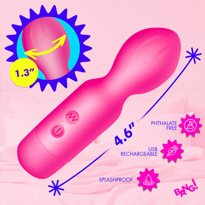 The Bang Flexible Beginner Mini Wand Vibrator, a pink 4.6-inch compact toy with button controls and a 1.3-inch curved tip for clitoral stimulation, is shown on a pink background. It’s USB rechargeable, splashproof, and phthalate free.