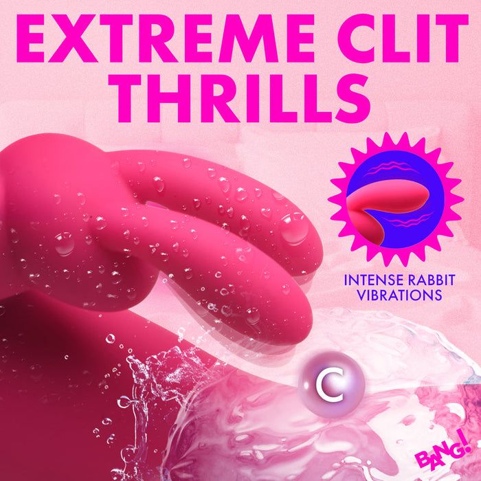 A vibrant pink ad shows a close-up of the Bang Silicone Rabbit Vibrator with G-Spot Stroking Motion, water droplets, "EXTREME CLIT THRILLS," a badge stating "INTENSE RABBIT VIBRATIONS," and the "BANG!" logo in the corner.