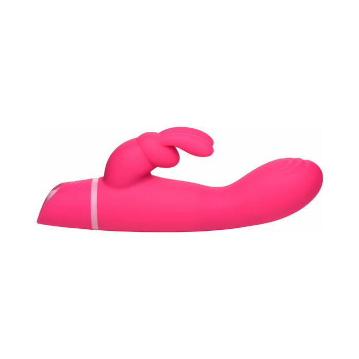 The Bang Silicone Rabbit Vibrator with G-Spot Stroking Motion is a bright pink silicone toy featuring a curved shaft for G-spot stimulation, a rabbit-shaped clitoral stimulator, and dual independent motors for intense pleasure.