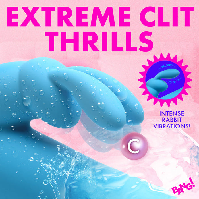 A blue Bang Silicone Rabbit Vibrator with Rotating Beaded Shaft is shown in water on a pink background, featuring "Extreme Clit Thrills" and "Intense Rabbit Vibrations!" Dual independent motors offer internal and external stimulation. The Bang! logo is at bottom right.