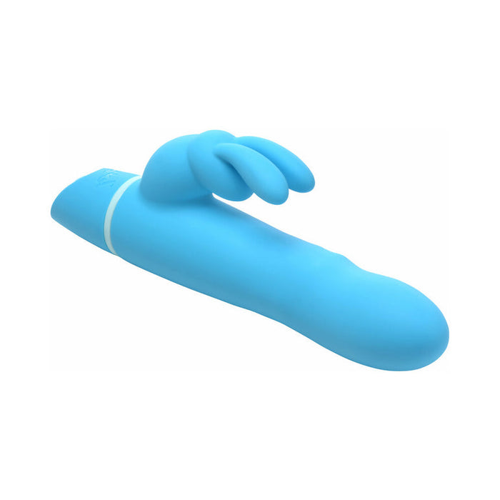 The Bang Silicone Rabbit Vibrator with Rotating Beaded Shaft is blue silicone, with a curved shaft and flexible rabbit-ear stimulator. Dual independent motors deliver powerful internal and external stimulation. Shown on a white background.
