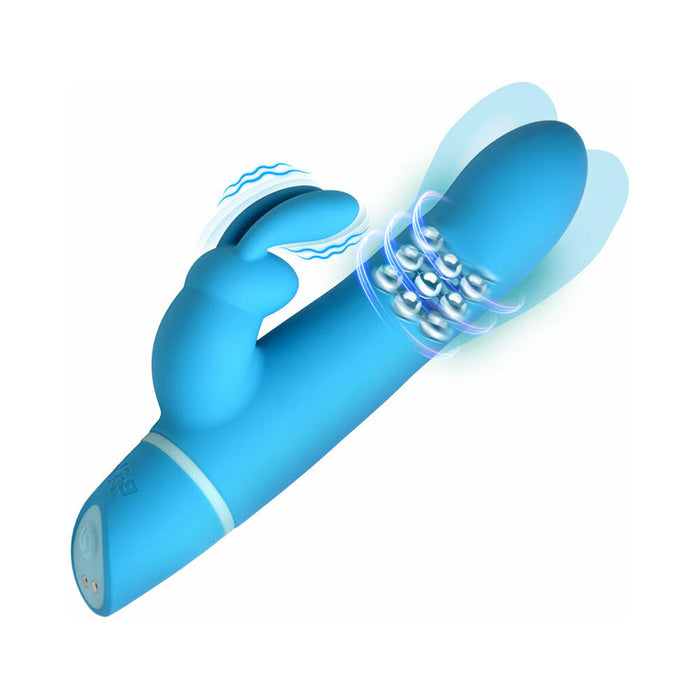 The Bang Silicone Rabbit Vibrator with Rotating Beaded Shaft is a blue silicone vibe featuring dual independent motors, a curved tip, rotating beads in the shaft, and a bunny-shaped clitoral stimulator for intense internal and external pleasure.