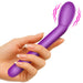 A hand with manicured nails holds the Bang Slim Beginner G-Spot Vibrator, featuring a curved purple tip; wavy lines near the tip suggest internal stimulation.