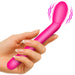 A hand holds the Bang Slim Beginner G-Spot Vibrator, a bright pink, curved device with motion lines highlighting its internal stimulation. The plain white background emphasizes its beginner-friendly design.