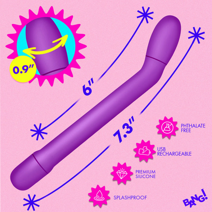 The Bang Slim Beginner G-Spot Vibrator, in purple with a curved design, is shown on a pink background. It features 6" and 7.3" sizes, 0.9" tip diameter, phthalate-free premium silicone, splashproof build, and USB recharging for internal stimulation.