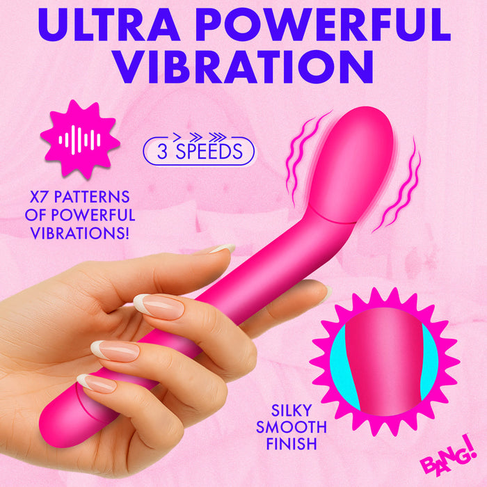 A hand holds the Bang Slim Beginner G-Spot Vibrator, shown in pink with text: "Ultra Powerful Vibration," "3 speeds," "7 vibration patterns," and "Silky smooth finish." The light pink background highlights its beginner-friendly internal stimulation.