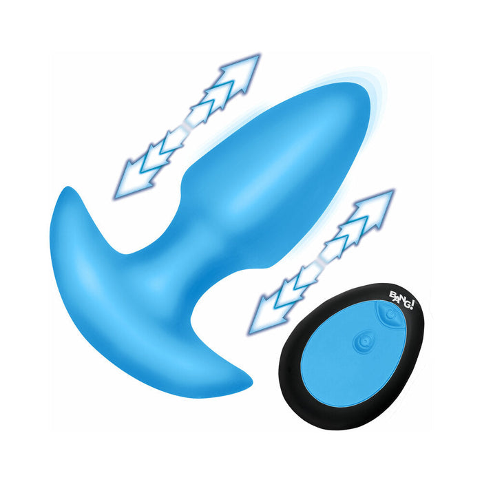 The Bang Thrusting Silicone Butt Plug with Remote Control is shown in blue with a flared base and includes a black and blue wireless remote. Blue arrows highlight its thrusting vibration for easy, hands-free stimulation.