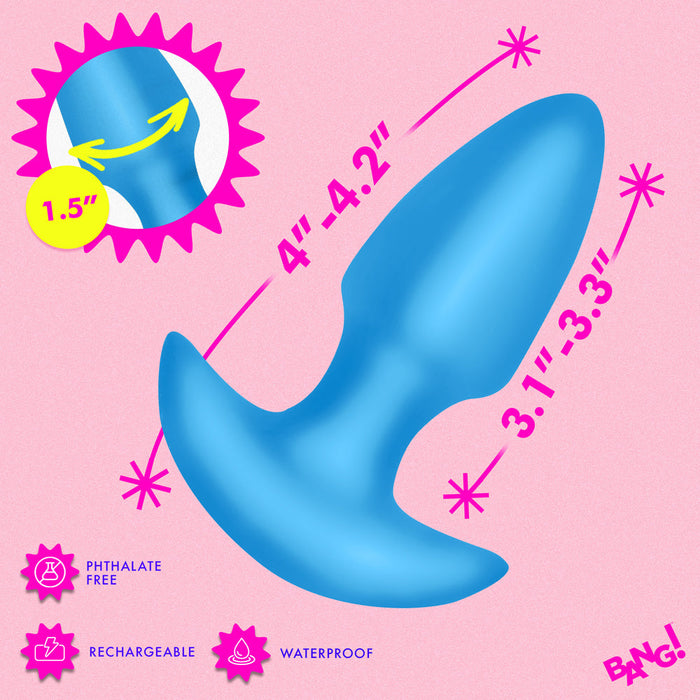 The Bang Thrusting Silicone Butt Plug with Remote Control, shown on a pink background, features a flared base and blue silicone. Text notes it’s phthalate free, waterproof, rechargeable, and provides hands-free stimulation.