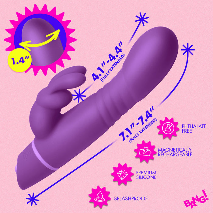 The Bang Thrusting Silicone Rabbit Vibrator is a purple, premium silicone toy with a curved G-spot shaft and bunny clitoral stimulator. Features include splashproof, phthalate-free material, and magnetic recharging. Measurements and icons shown.