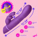 The Bang Thrusting Silicone Rabbit Vibrator is a purple, premium silicone toy with a curved G-spot shaft and bunny clitoral stimulator. Features include splashproof, phthalate-free material, and magnetic recharging. Measurements and icons shown.