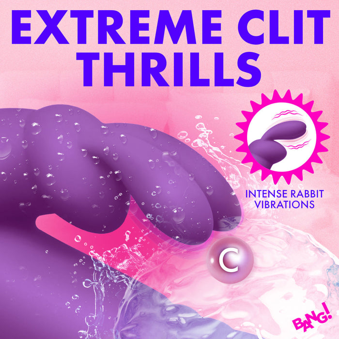 The Bang Thrusting Silicone Rabbit Vibrator is shown submerged in water with “Extreme Clit Thrills” and “Intense G-Spot Stimulation” on a pink background, splash effects, and the BANG! logo at the bottom right.