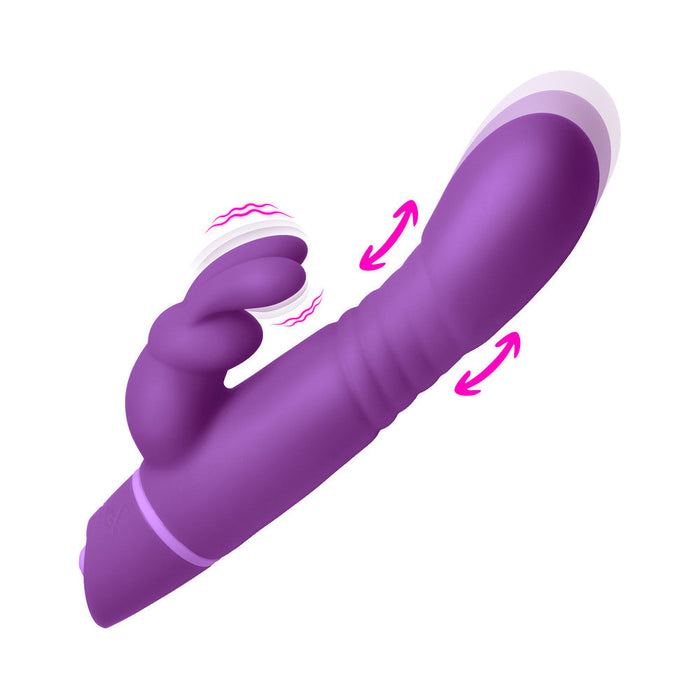 The Bang Thrusting Silicone Rabbit Vibrator is a purple silicone toy with dual stimulation arms for intense G-spot pleasure, featuring vibrating, rotating, and thrusting functions in both the shaft and clitoral stimulator.
