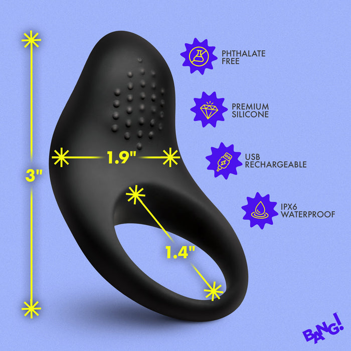 The Bang Beginner-Friendly Vibrating Silicone Cock Ring for Couples is made of black silicone, features a textured surface for enhanced shared and clitoral stimulation, measures 3" tall by 1.9" wide (1.4" opening), is phthalate-free, USB rechargeable, and IPX6 waterproof.