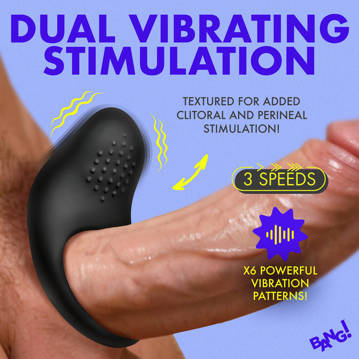The Bang Beginner-Friendly Vibrating Silicone Cock Ring for Couples is shown on an erect penis, featuring dual vibrating stimulation, three speeds, six patterns, and added clitoral stimulation for enhanced pleasure.