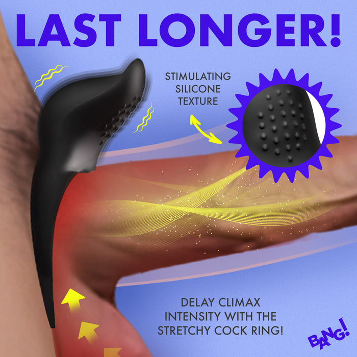 The Bang Beginner-Friendly Vibrating Silicone Cock Ring for Couples is shown on a penis with highlighted textures. Text reads "LAST LONGER!", "Stimulating silicone texture," and "Delay climax for shared sensation!" Yellow arrows indicate direction.