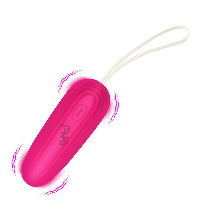 The Bang Waterproof Silicone Vibrating Egg is a pink, oval silicone device with a white pull cord, "BANG!" on the side, top button, animated motion lines, and 9 vibration functions for hands-free internal stimulation.
