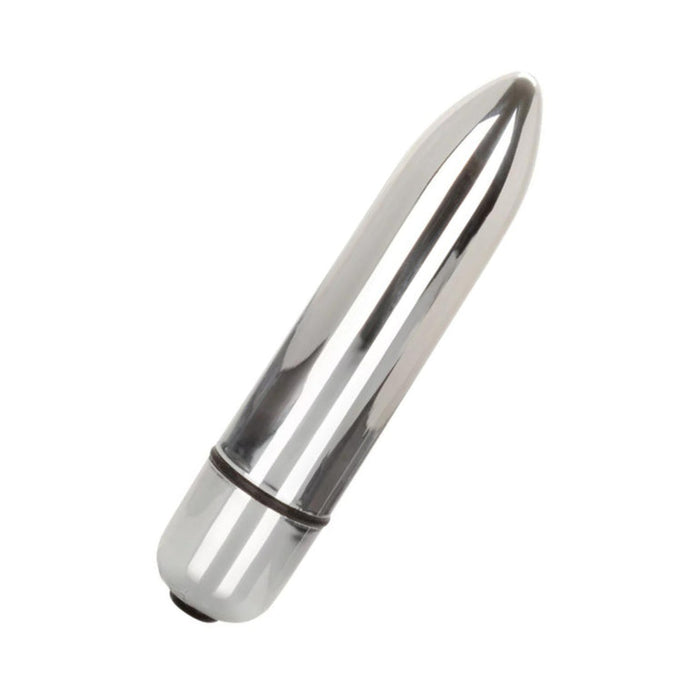 A sleek, metallic bullet-shaped object with a smooth, reflective finish and rounded tip lies diagonally on white—a stylish item from the Beloved Vacation Lovin' Intimacy Kit, your go-to essential for sensual travel.