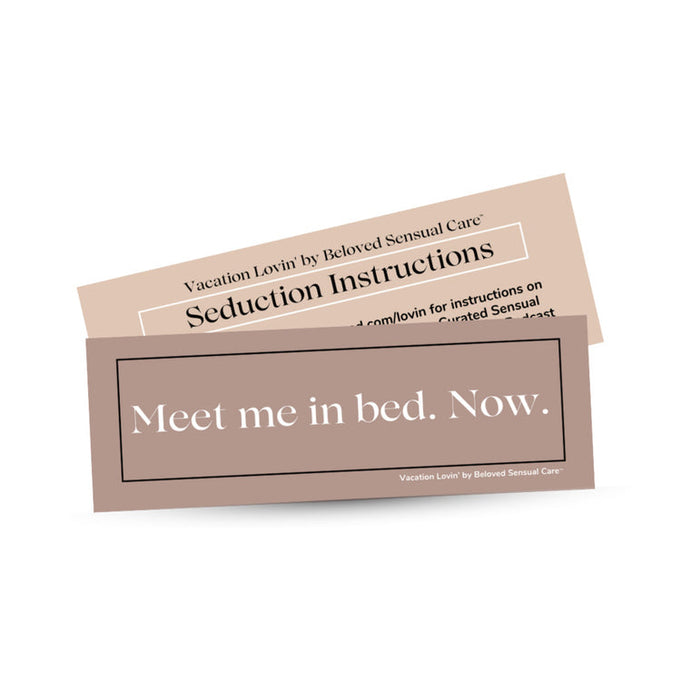 Two overlapping cards appear. The top card says "Seduction Instructions" and highlights the Beloved Vacation Lovin' Intimacy Kit. The front card boldly reads, "Meet me in bed. Now."—ideal for your sensual travel essentials.