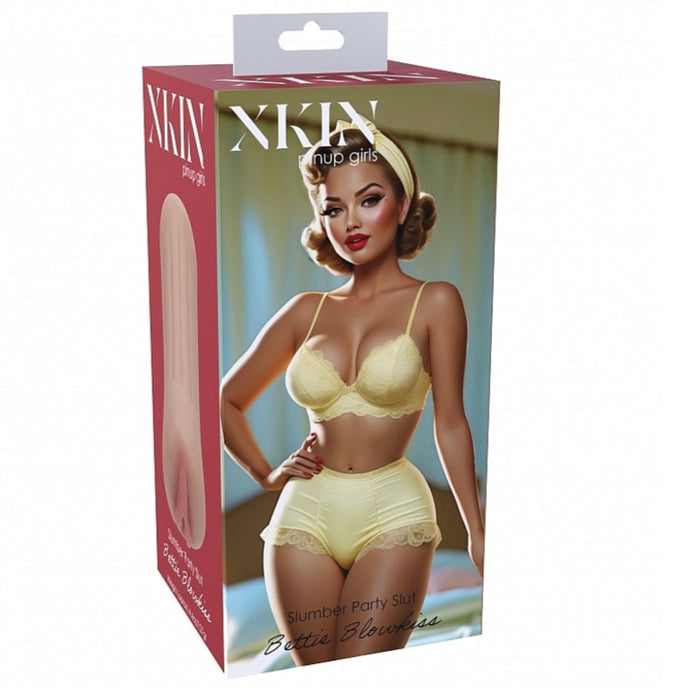 A product box labeled "Bettie Blowkiss Pinup Fantasy Pocket Pussy" features vintage glamour with a woman in yellow lingerie and playful text: "Slumber Party Slut Bettie Blowkiss." The lifelike sleeve offers a sensual, retro-inspired experience.