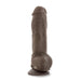 The Big Boy Huge 10 Inch Dual Density Dark Tone Suction Cup Dildo stands upright on a white background, featuring a realistic veined texture, brown color, and is strap-on compatible for versatile use.