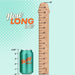 A tall wooden ruler shaped like the Blush Big Daddy 14 Inch Dual Density Suction Cup Dildo - Vanilla is on the right, marked with inches from 1 to 14. A green can of Betty Soda, measuring 4.83 inches, is on the left. Text above the ruler reads, "How LONG is it?" The background is turquoise with light polka dots and a giant dildo stands proudly with a strong suction cup base.