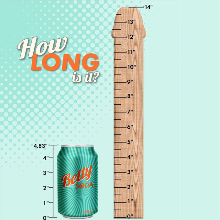 A "Betty Soda" can stands beside a Big Daddy Huge 14 Inch Dual Density Light Tone Suction Cup Dildo ruler, marked up to 14 inches. Text asks, "How long is it?" with measurement marks comparing the can and the ruler.