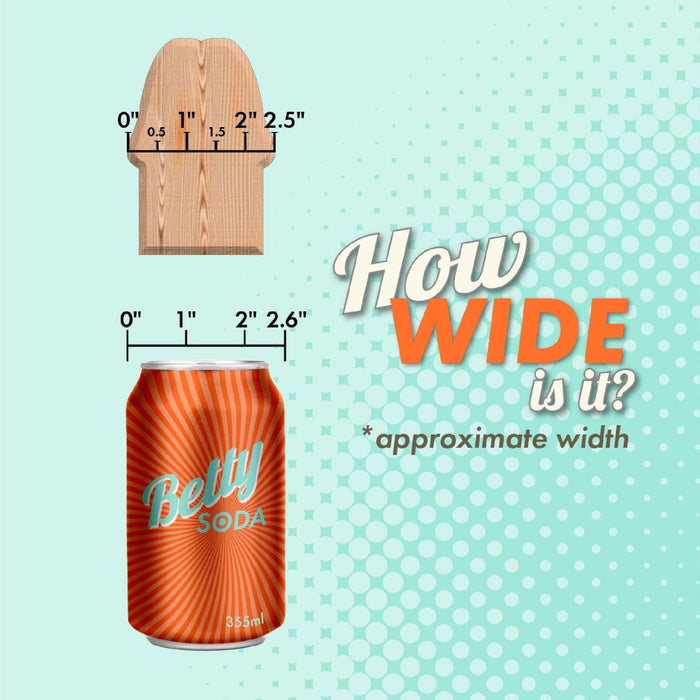 An image compares the widths of a wooden object (2.5 in), a "Betty Soda" can (2.6 in), and the Big Daddy Huge 14 Inch Dual Density Light Tone Suction Cup Dildo. Text: “How wide is it? *approximate width.”.