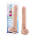 The Big Daddy Huge 14 Inch Dual Density Light Tone Suction Cup Dildo, a lifelike, veined dildo with balls and sturdy suction base, is shown beside its clear packaging featuring product info—ideal for lovers of giant toys.