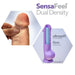 The Big John Huge 11.5 Inch Dual Density Light Tone Suction Cup Dildo is shown being squeezed, highlighting its soft outer layer and firm core in a diagram labeled "SensaFeel Dual Density" and featuring a secure suction cup for hands-free fun.