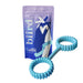 A blue and white wavy-textured cuff is shown in front of purple packaging labeled "Biind Flexible Silicone Beginner Cuffs," with abstract art of two hands reaching out. Ideal for bondage beginners.