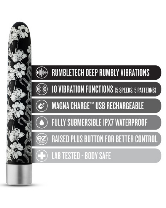 Eden Slim Beginner Bullet Vibrator graphic showing specifications: Rumbletech deep rumbly vibrations, 10 vibration functions (5 speeds, 5 patterns), magna charge usb rechargeable, fully submersible ipx7 waterproof, raised plus button for better control, lab tested - body safe