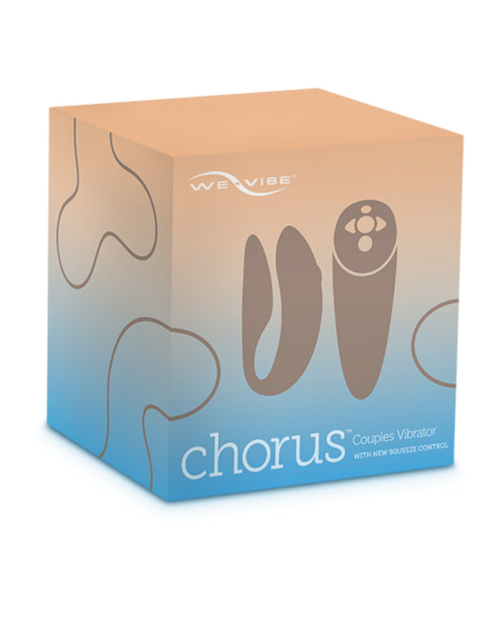 Product packaging for the We-Vibe Chorus Remote & App Controlled Couples' Vibrator - Blue, highlighting its feature of "new squeeze control" and adjustable fit for personalized comfort.