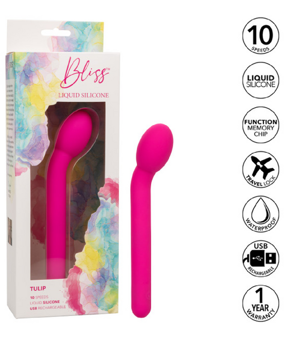 A pink 10-speed Bliss Tulip Beginner G-Spot Vibrator made from liquid silicone, featuring a memory chip and designed as a waterproof sex toy and G-spot vibrator, presented in its packaging with the descriptors 'USB rechargeable' by CalExotics.